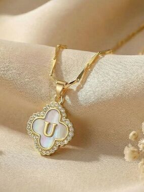 Gold Initial 'U' Mother of Pearl CZ Clover Pendant Seed Chain Necklace